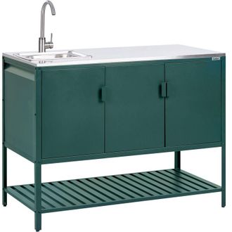 Beliani Mobile da cucina da esterno in acciaio con 3 ante e piano in acciaio inossidabile verde Maenza