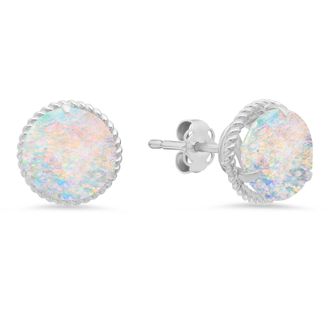 MAX + STONE 14k White Gold Roped Halo Round-Cut Gemstone Stud Earrings (8mm)