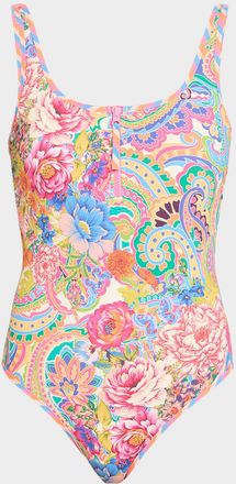 Johnny Was Paisley Floral Zip Tank One-Piece Swimsuit