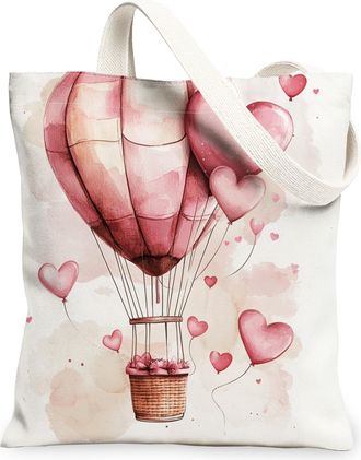 Generic Valentines Day Hot Air Balloon Canvas Tote Bags, Romantic Heart Pattern Reusable Grocery Bags, Lightweight Washable Shoulder Strap Canvas for Travel S