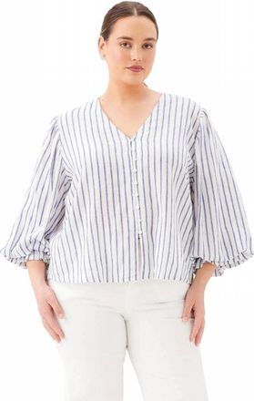 Karen Kane Stripe Layered Sleeve Shirred Blouse - Plus In Off White With Blue