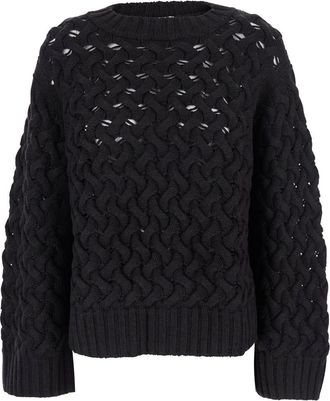Parosh Dark Brown Crewneck Sweater With Ribbed Trims And Braided Design In Wool Woman