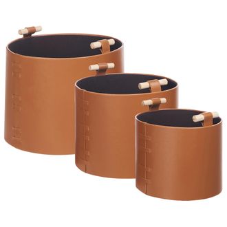 Beliani Beliani - Conjunto De 3 Cestas De Almacenaje Hechas A Mano Con Asas De Piel Sint&eacute;tica Marr&oacute;n Aram