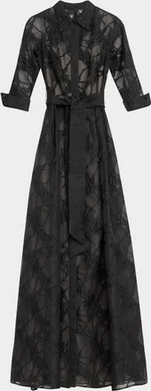 Teri Jon A-Line Organza Jacquard Shirt Gown