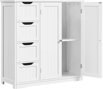 Yaheetech Yaheetech - Mobile Da Bagno Con 4 Cassetti Mobiletto Portaoggetti Moderno Con 2 Ante Armadietto Bagno Bianco Moderno Ripiano Regolabile 81 Cm &times; 30 Cm 