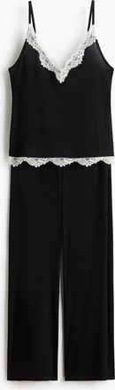 H&M Gerippter Schlafanzug mit Spitzenborte - Schwarz