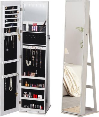 OEM Espejo Joyero De Pie Armario Joyero Con Luces Led Y Cerradura Armario De Joyas Con Espejo Integrada Para Dormitorio Blanco Con Veta De Madera