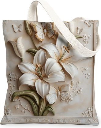Generic Spring Relief Lilies Flower Canvas Tote Bag for Shopping 13x15, Luxury Floral Wildflower Reusable Grocery Print Bag for Women, Garden Beach Aesthetic 