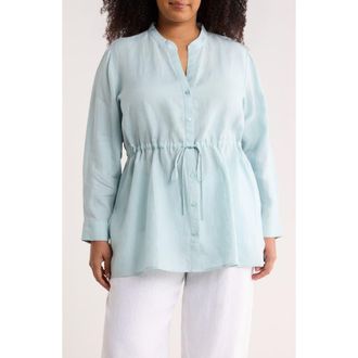 Eileen Fisher Split Neck Organic Linen Long Drawstring Shirt in Breeze at Nordstrom, Size 1X