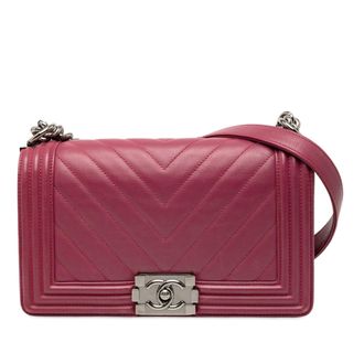 Chanel Pre-owned Womens Old Medium Chevron Lambskin Boy Flap - Fuschia Leather - One Size