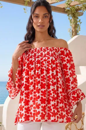 Roman Floral Print Bardot Top