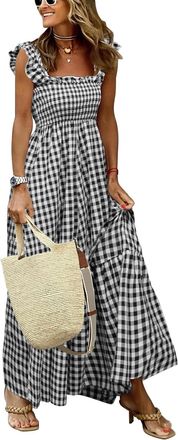 Generic Ladies Sleeveless Gingham Maxi Dress,Features a Square Neck and Smocked Bodice, Perfect for a Stylish and Breezy Look in Warm Seasons (Black,XL)