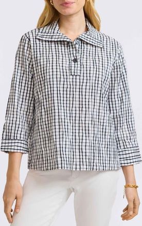 Foxcroft Sammy Check Crinkled Cotton Blend Top in White/Black at Nordstrom, Size Small
