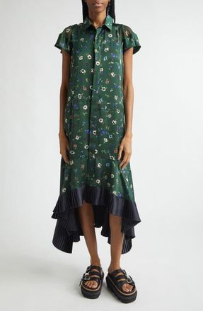 sacai Floral Print Satin Shirtdress in Green at Nordstrom, Size 2