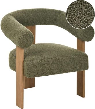 Beliani Retro Living Room Armchair Boucle Upholstery Wooden Legs Green and Dark Brown Ilbro