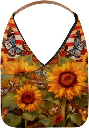 Generic Vintage USA Flag Butterfly Sunflowers Reusable Lightweight Grocery Bags - Foldable Into Compact Pouch, Washable & Sturdy, Multipurpose for Shopping an