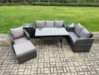 Fimous 7 Piece Rattan Garden Furniture Set with Patio Sofa Rectangular Dining Table 2 Side Table Big Footstool Indoor Conservatory Patio Set