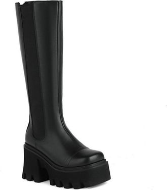 Generic Womens Knee-High Platform Chunky Heel Boots with Elastic Panel,Long Riding Style,Black,1.5 UK