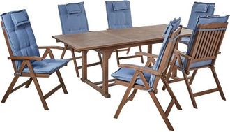 Beliani Acacia Rustic 6 Seater Garden Dining Set Extending Table Reclining Chairs Dark Wood with Blue Cushions Amantea