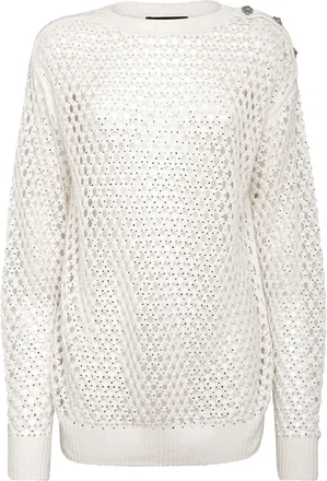Philipp Plein Cashmere 5 Pullover Round Neck LS Fishnet Crystal