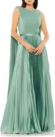 Mac Duggal Sleeveless High Neck Cape Back Heat Pleated Gown in Sage at Nordstrom, Size 16
