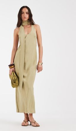 Asos Vestito midi tecnico con scollo rotondo e sciarpa color salvia-Verde