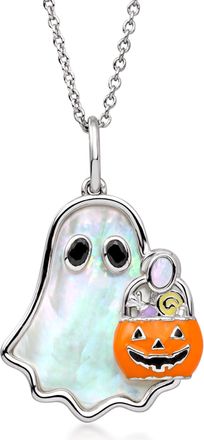 Ross-Simons Mother-Of-Pearl and Black Spinel Trick-Or-Treat Ghost Pendant Necklace in Sterling Silver