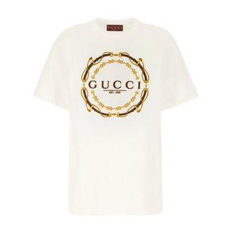 Gucci T-shirt van katoenen jersey met print - Dames - Tops - Beige - Maat: XS Katoen