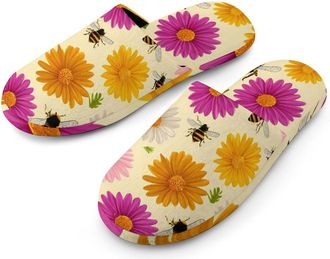 Generic Bee And Floral Mens Slippers Warm Non-Slip Houes Shose Spa Slipper for Home Bedroom