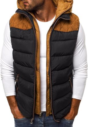 Feoya Mens Padded Gilet Body Warmer with Hood Color Block Packable Puffer Gilet Windproof Sleeveless Hooded Jacket Outdoor Cotton Quilted Gilets Thick Warm 