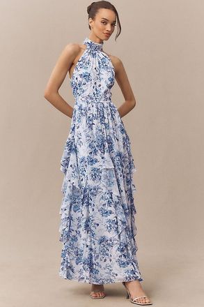 BHLDN High-Neck Printed Chiffon Maxi Dress