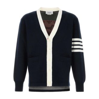 Thom Browne Cardigans, male, Blue, Size: L Crest Intarsia Jacquard 4-Bar Rugby Fit Cardigan