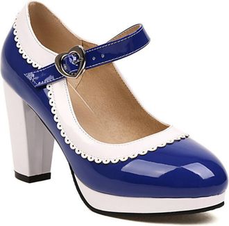 Generic Womens Two-Tone Mary Jane Shoes Chunky Heel Classic Office Heels Platform Formal Party Pumps,Blue,6.5 UK