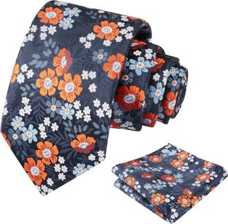Alizeal Mens 8cm Floral Tie with Pocket Square Fashion Elegant Wedding Business Necktie Set, Navy Blue+Orange