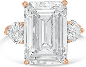 Diana M. Jewels 18kt Rose gold Lab grown 15ct Emerald diamond ring with heart diamonds on the side and micropave band