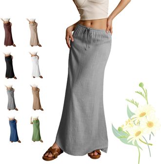 Generic 2025 Summer Linen Maxi Skirts for Women, Casual Comfy Drawstring Waist A Line Skirts, Cute Vacation Boho Long Flowy Skirts (Gray,L)