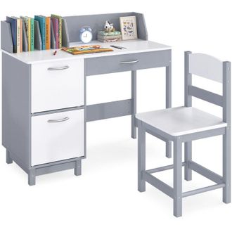 Costway Kids Study Desk and Chair Set Wooden School Learning Table-Grey