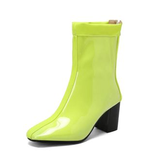 Generic Womens Square Toe Patent Leather Ankle Boots Chunky Heel Casual Booties with Side Zip,Yellow,7.5 UK