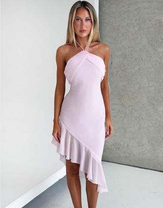 Tiger Mist Elarina 2.0 - Vestito midi in chiffon rosa confetto con volant, scollo allamericana e fondo asimmetrico
