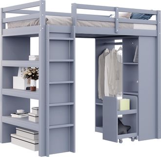 STILVORA Cama Alta 90 X 200 Cm Con Estantes, Perchero Y Carrito Extra&iacute;ble, Sin Colch&oacute;n, De Madera, Gris