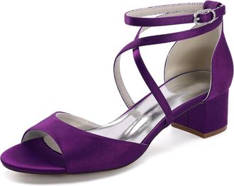 Generic Womens Block Heels Wedding Shoes Satin Bridal Low Heels Shoes Open Toe Ankle Strap Party Dress Heels Sandals 4.5Cm,Dark Purple,10 UK