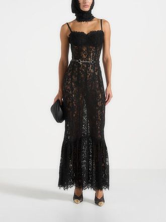 Mani&egrave;re De Voir Freya Lace Maxi Dress With Waist Feature in Black at Nordstrom, Size 10