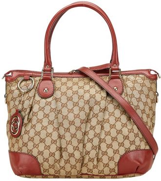 Gucci Beige Red Color Canvas Leather Shoulder Bag Tote Bag (Pre-Owned)