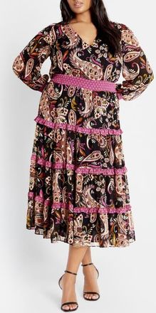 City Chic Gwendolyn Paisley Long Sleeve Tiered Midi Dress at Nordstrom, Size Xxl
