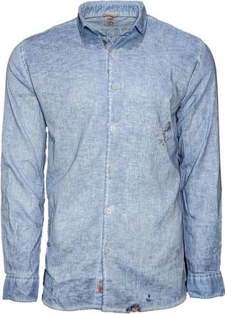Bob Blauw katoenen linnen overhemd met airbrush borduurwerk - Heren - Casual Overhemden - Blauw - XL - Katoen - Overhemden