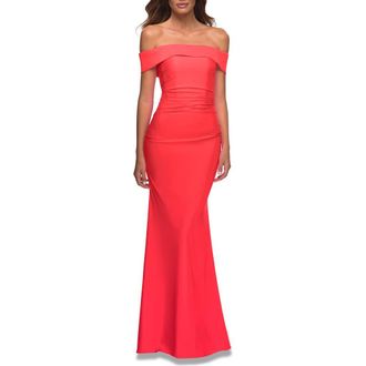 La Femme Long Off the Shoulder Ruched Neon Jersey Dress in Hot Coral at Nordstrom, Size 12
