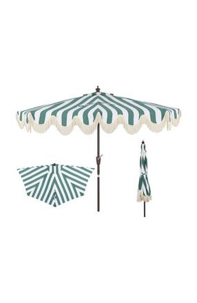 Jonathan Y Designs Beverly 9 ft. Designer Classic Scalloped Fringe Half Market Patio Umbrella with Crank, Push Button Tilt and UV Protection in Green/white