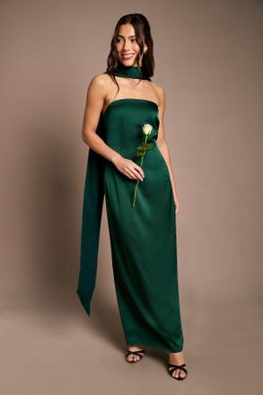 Oasis Womens Emerald Bandeau Satin Bridesmaid Maxi Dress With Scarf - Size 14 UK