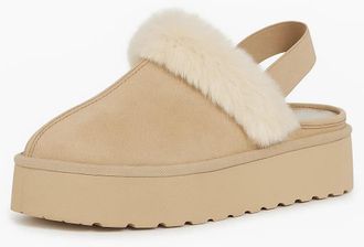 Generic 24890 Womens Faux Fur Lined Mules - Comfortable Platform Slippers with Cozy Fleece Interior - Slip-On Casual Shoes for Indoor and Outdoor Use (Beige W