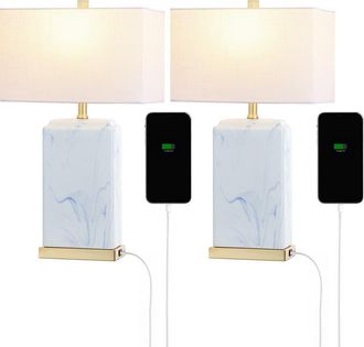 Jonathan Y Designs Chloe 24.5 Modern Coastal Iron/Marbled Ceramic LED Table Lamp with USB Charging Port, Blue/White at Nordstrom